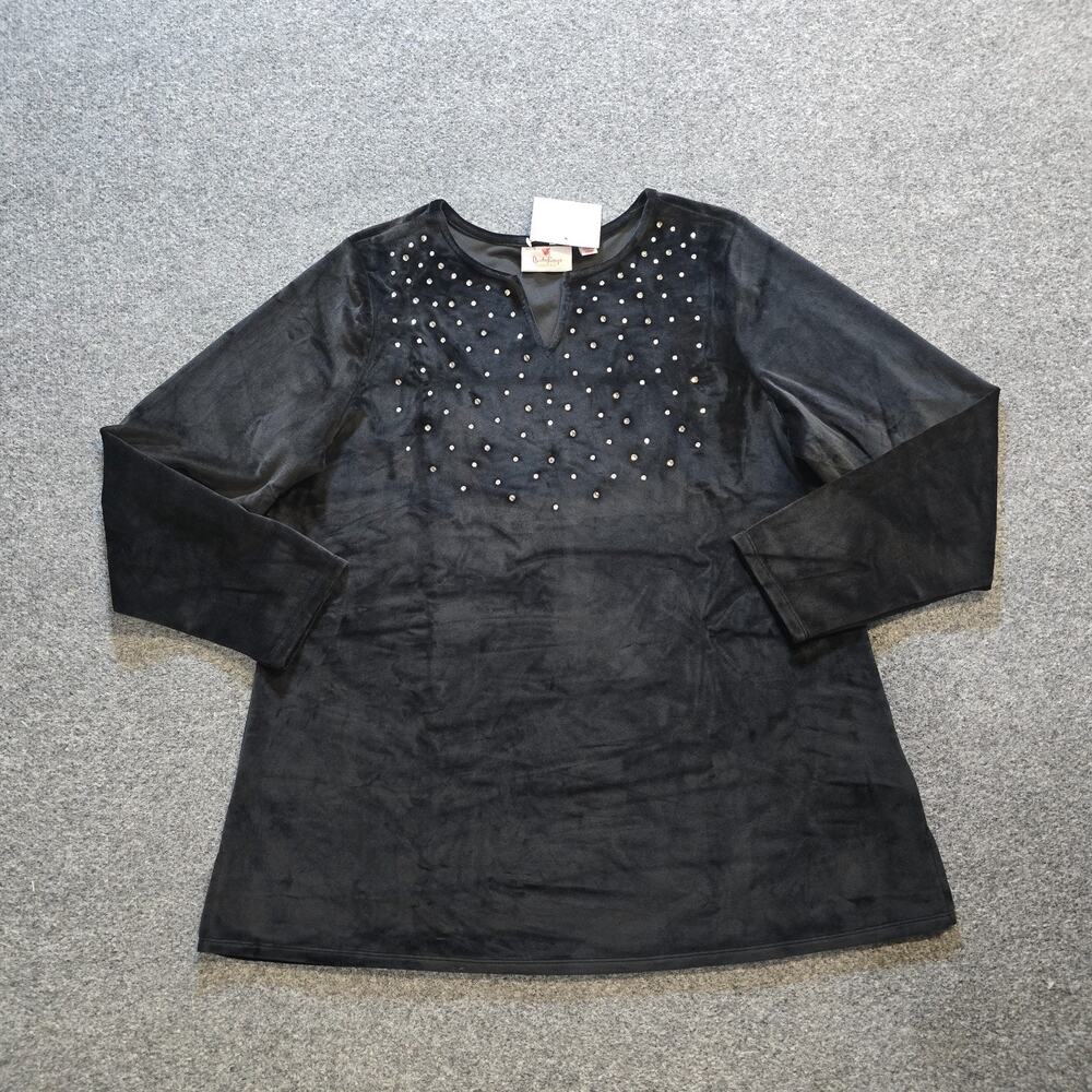 Quacker Factory Top Women Size Large Black Velour Rhinestones Long Sleeve Casual